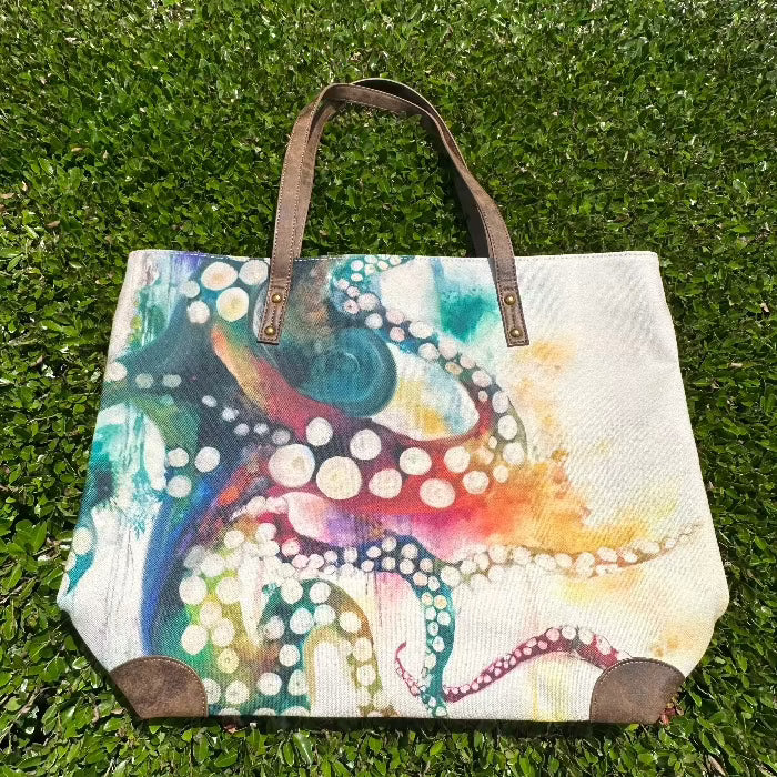 Sea Life Art Canvas and Leather Tote Sunshine & Sweet Peas Coastal Decor