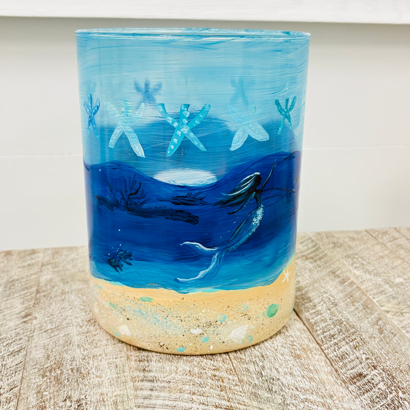 Hand Painted Sea Life Glass Hurricane/Vase/Utensil Holder