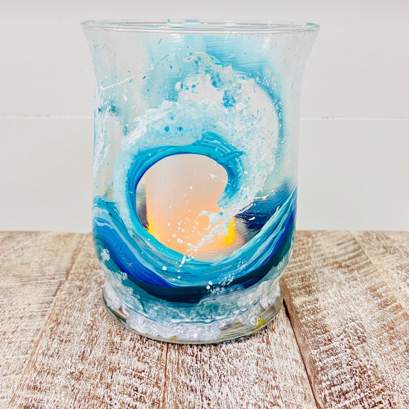 Hand Painted Cresting Waves Glass Hurricane/Vase