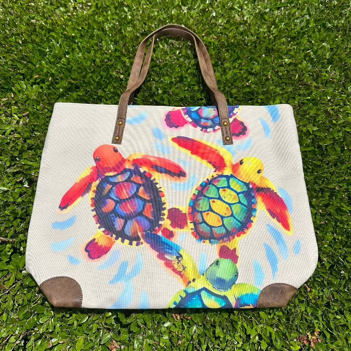 Sea Life Art Canvas and Leather Tote Sunshine & Sweet Peas Coastal Decor