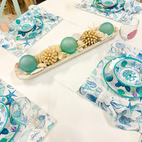 Extra Long Hand Carved Rectangular Wooden Bowl Centerpiece w/ Shells, Sea Glass, Spheres