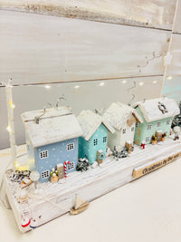 Christmas By The Sea Winter Cottage and Lighthouse Scene on Driftwood w/ String Lights