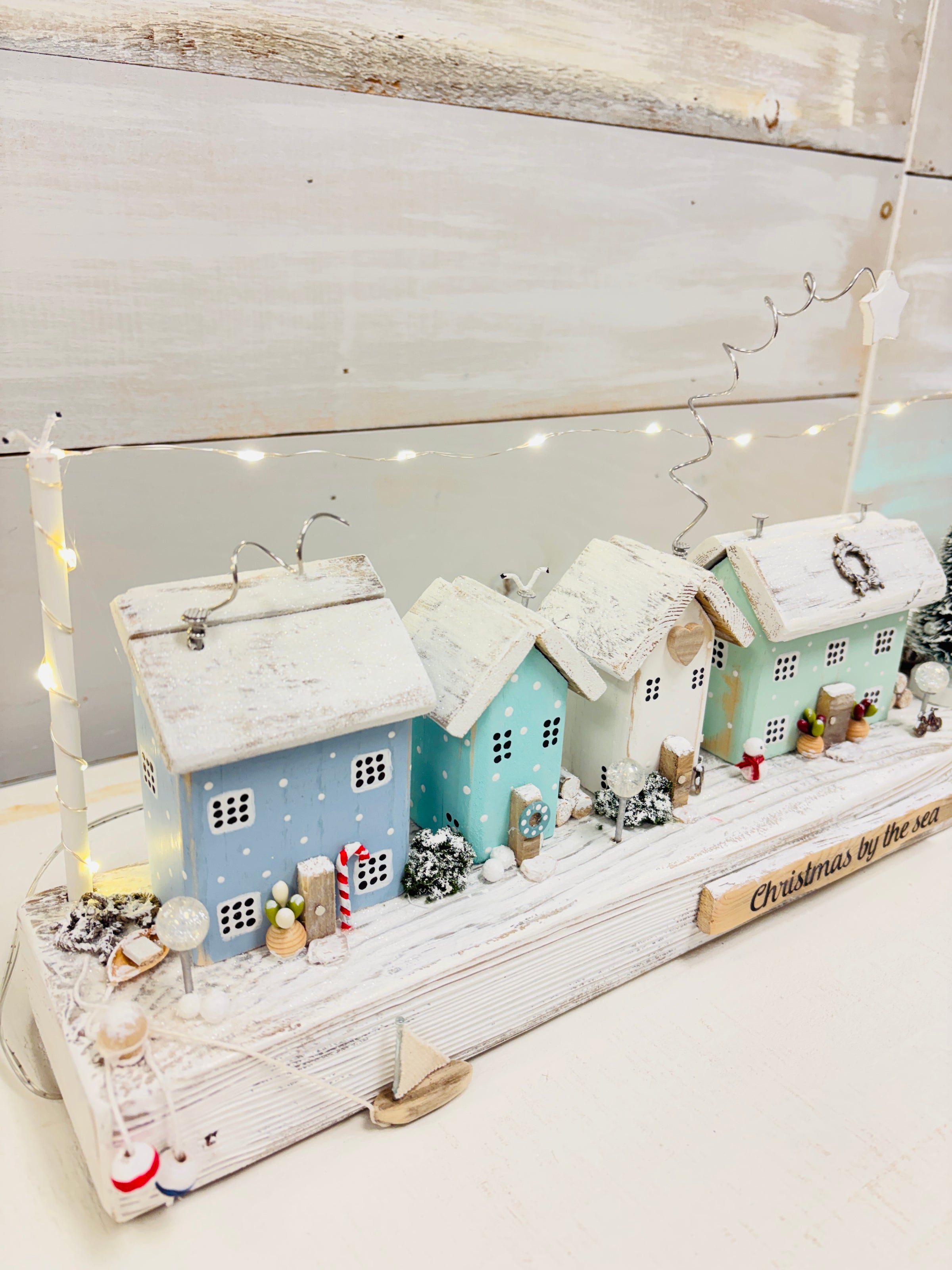 Christmas By The Sea Winter Cottage and Lighthouse Scene on Driftwood w/ String Lights