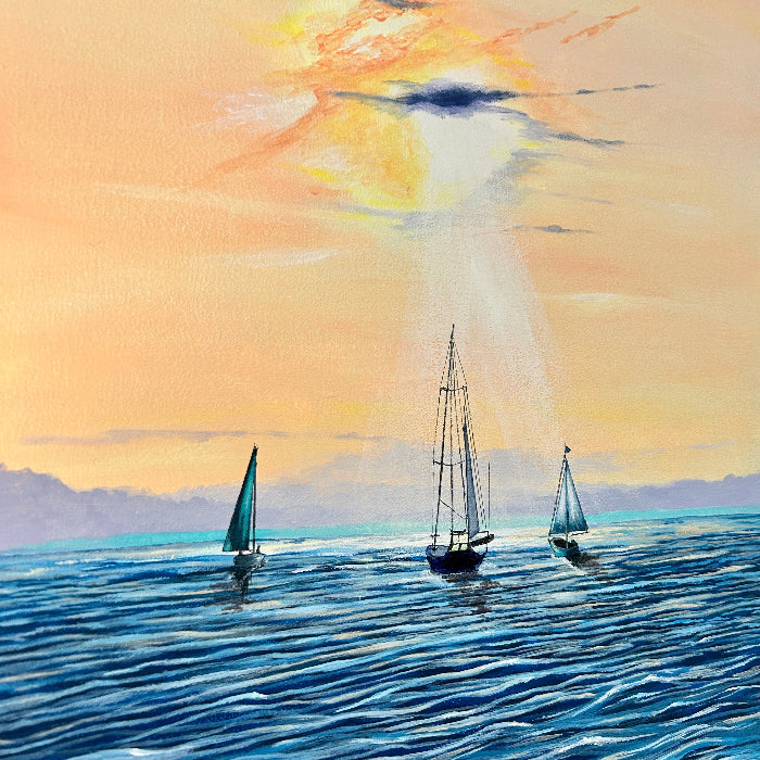 Trio of Sailboats offshore Original Artist Painting Sunshine & Sweet Peas Coastal Decor