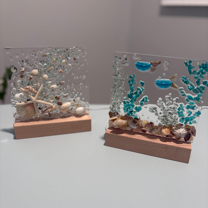 Acrylic LED Lights w/ Coastal Designs in Glass, Sand, Shells Resin