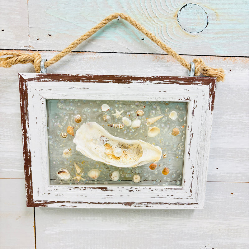 Coastal Glass Art w/ Shells, Glass, Resin, Sand- 4"x 6"