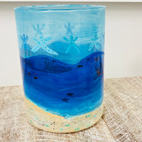 Hand Painted Sea Life Glass Hurricane/Vase/Utensil Holder