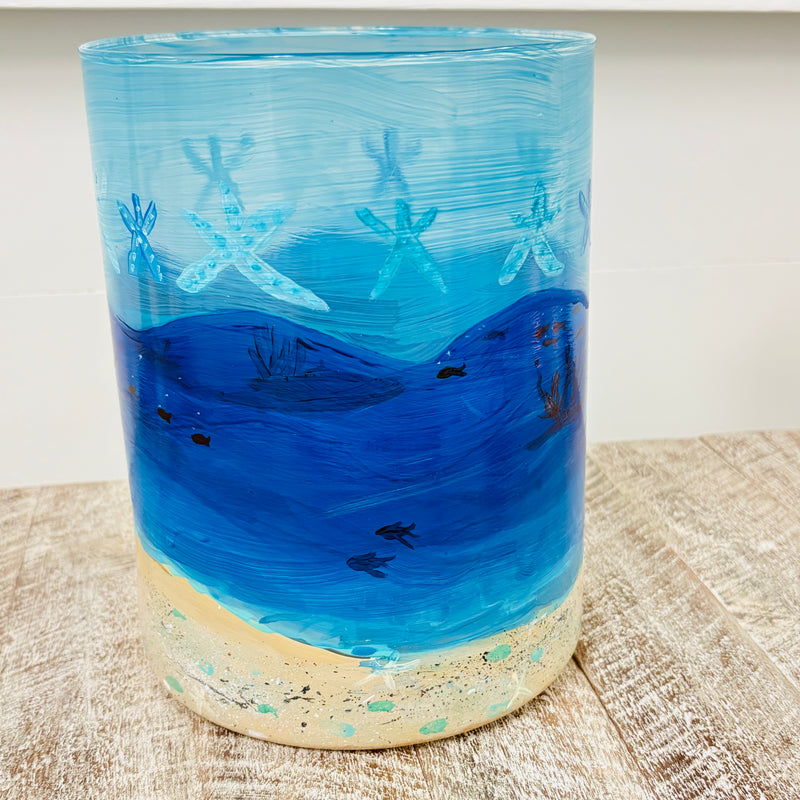 Hand Painted Sea Life Glass Hurricane/Vase/Utensil Holder