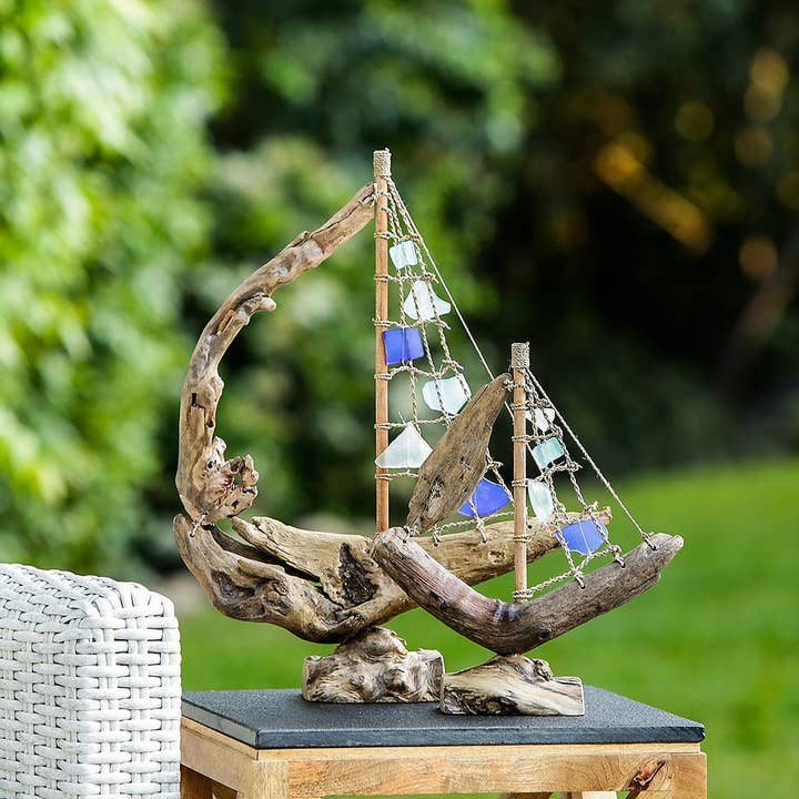 Driftwood and Sea Glass Sailboat Sunshine & Sweet Peas Coastal Decor