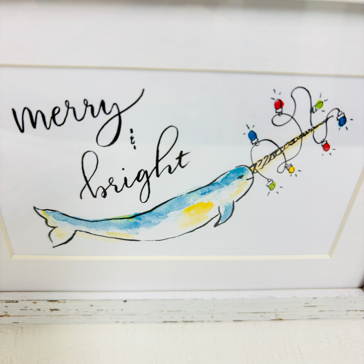 Narwhal: Merry & Bright Watercolor Framed Print