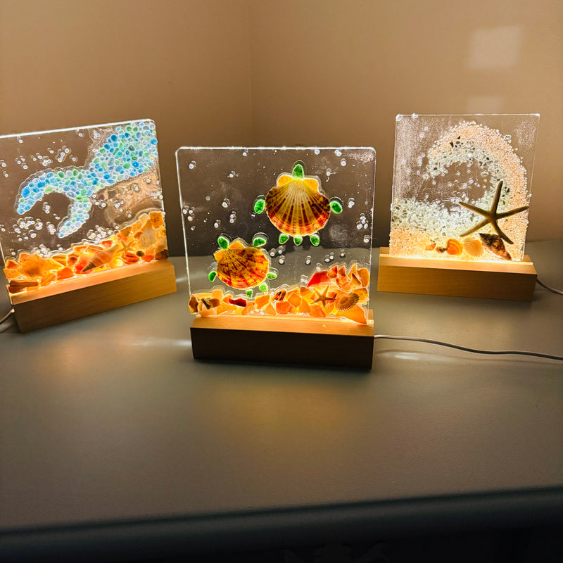 Acrylic LED Lights w/ Coastal Designs in Glass, Sand, Shells Resin