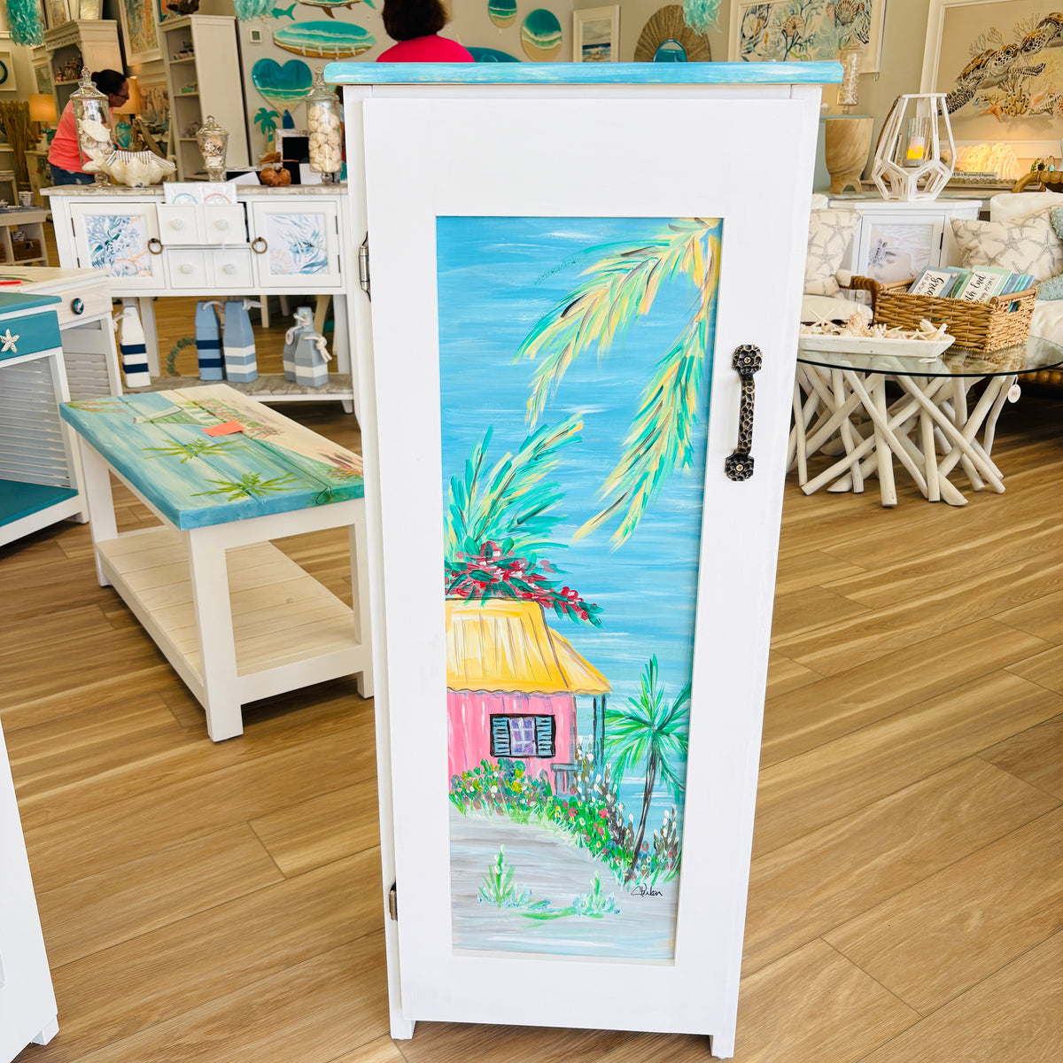 Hand Painted 3 Shelf Tall Cabinet w/ Door Featuring Custom Art