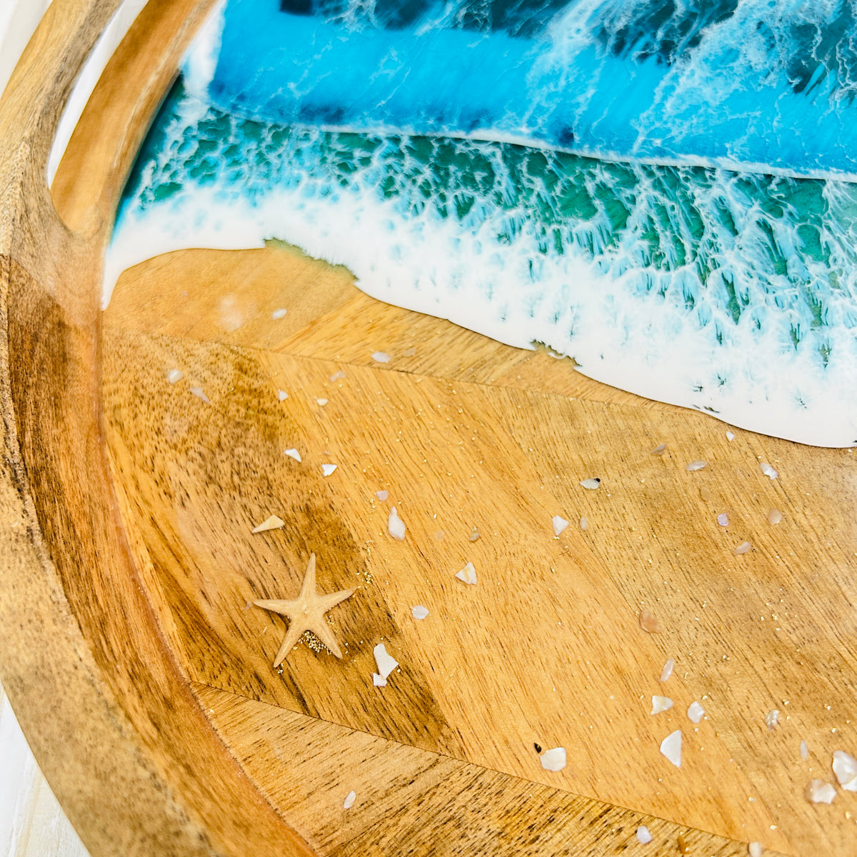 Wooden Tray w/Teal Resin & Crushed Shells Beach Scene