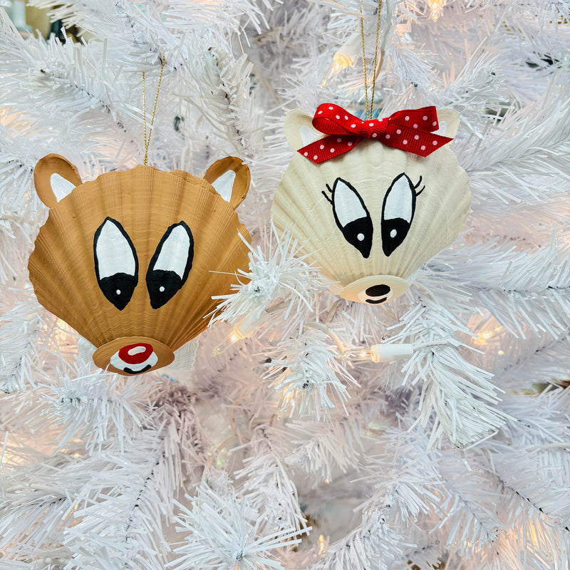 Hand Painted Scallop Shell Rudolph and Clarice Ornament