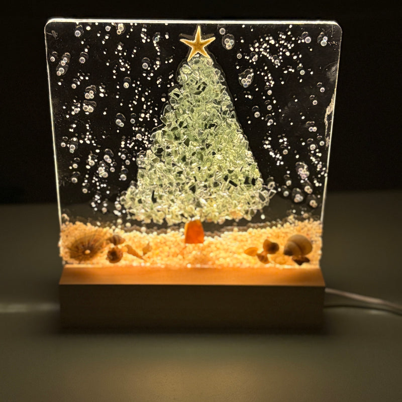 Acrylic LED Lights w/ Coastal Christmas Tree Designs in Glass, Sand, Shells Resin