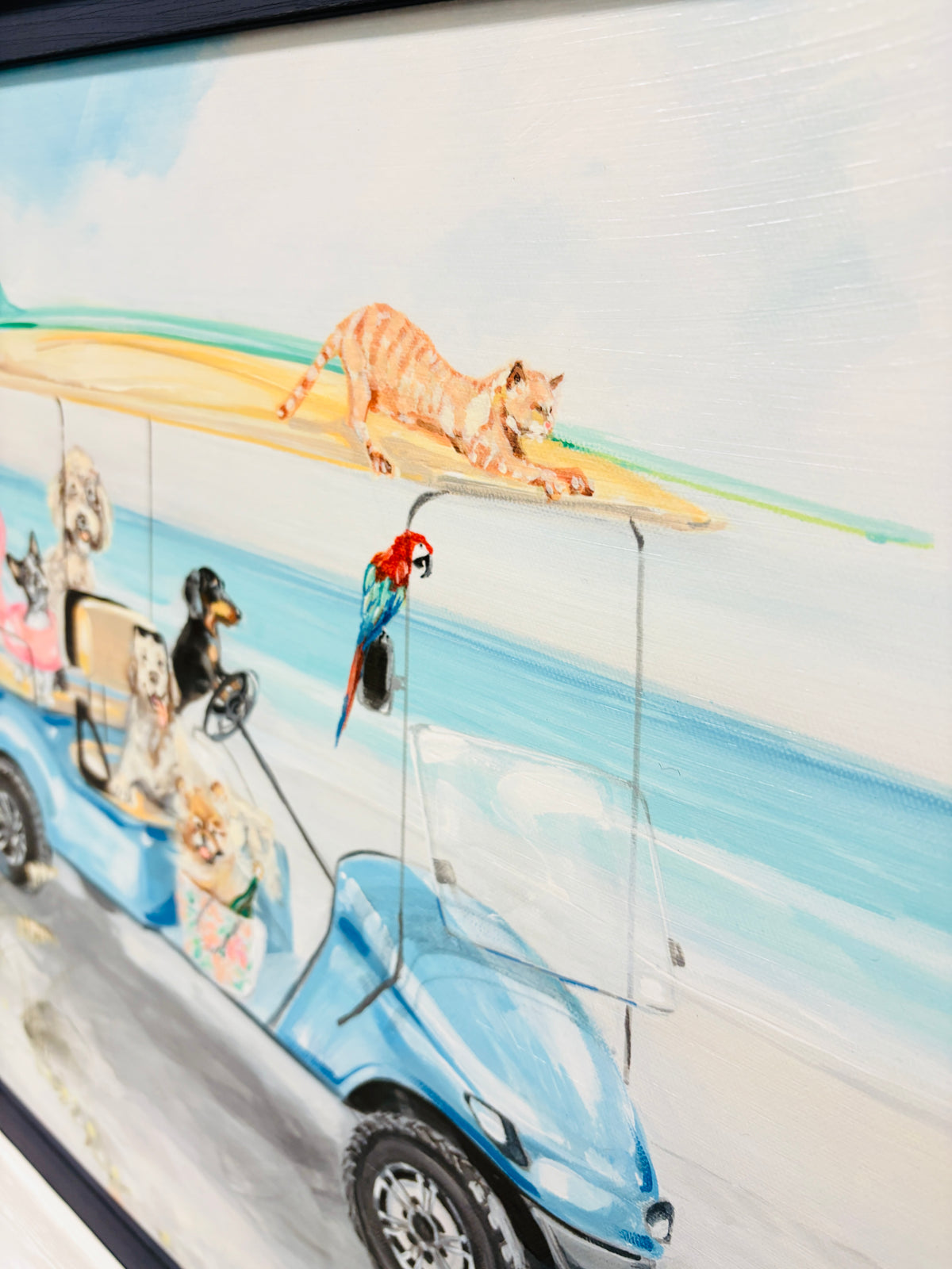 Dogs on the Beach w/ Golf Cart Framed Print
