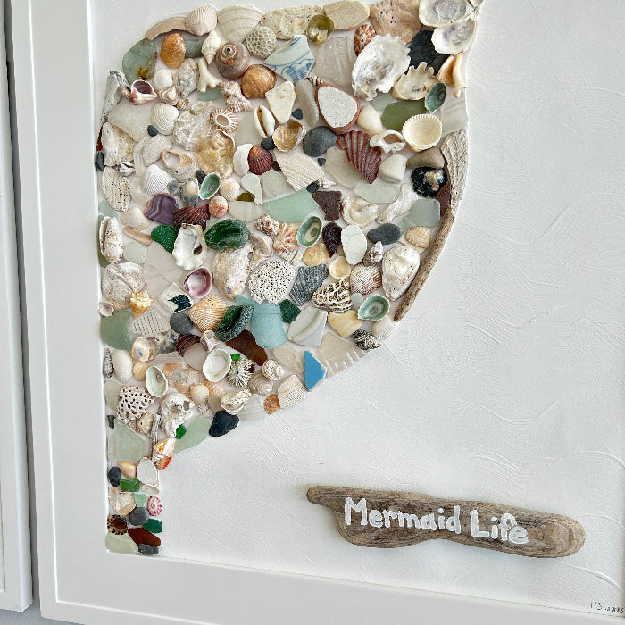 Large 2 Piece Mermaid Tail Sea Glass and Driftwood Hanging Art Set Sunshine & Sweet Peas Coastal Decor