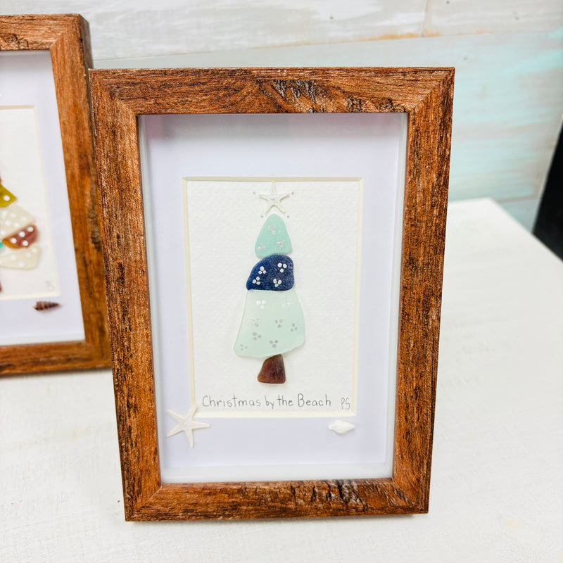 Assorted Christmas Trees Framed Seashell & Driftwood Art