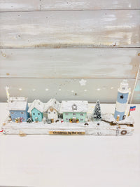 Christmas By The Sea Winter Cottage and Lighthouse Scene on Driftwood w/ String Lights