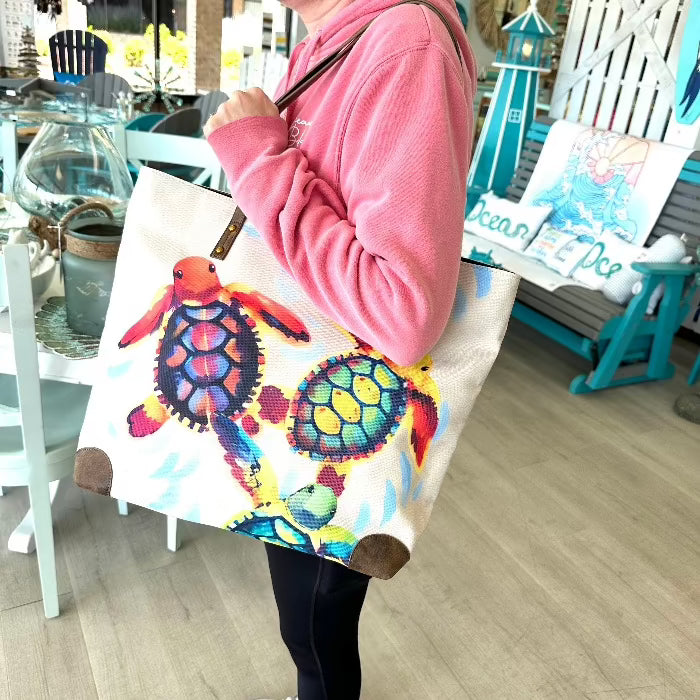 Sea Life Art Canvas and Leather Tote Sunshine & Sweet Peas Coastal Decor