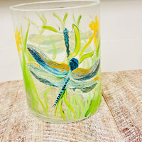 Hand Painted Dragonfly and Sunflower Glass Hurricane/Vase/Utensil Holder