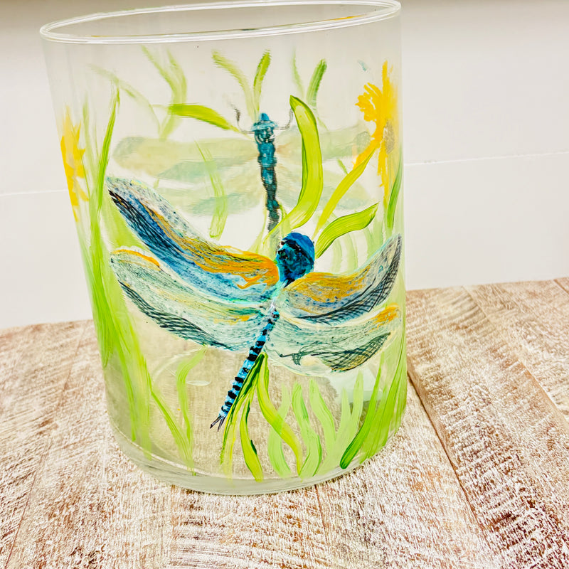Hand Painted Dragonfly and Sunflower Glass Hurricane/Vase/Utensil Holder