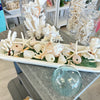 Large Hand Carved Baguette Wooden Bowl Centerpiece w/ Shells, and Starfish, Coral Chunks, and Sea Glass