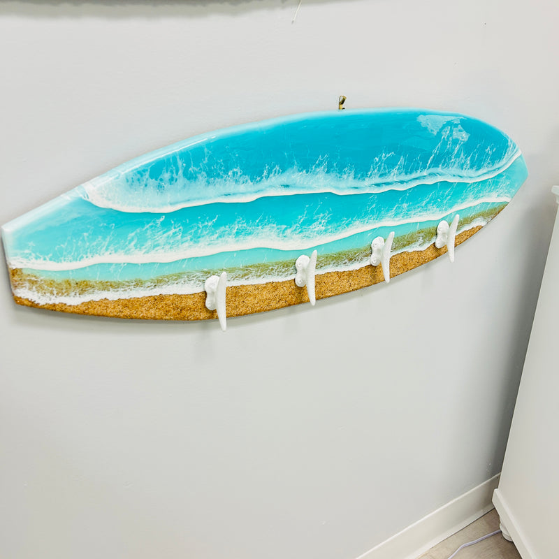 Coastal Teal Surfboard Resin Wall Coat/Towel Hanger with Metal Boat Cleat Hooks