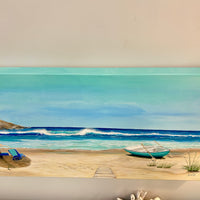 Carribean Beachscape with Boat and Chairs Ashore Painting