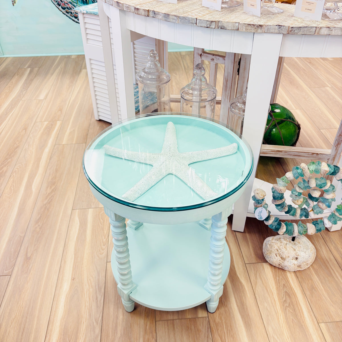 Shadow Box Side Table w/ 3D icons and Glass Top