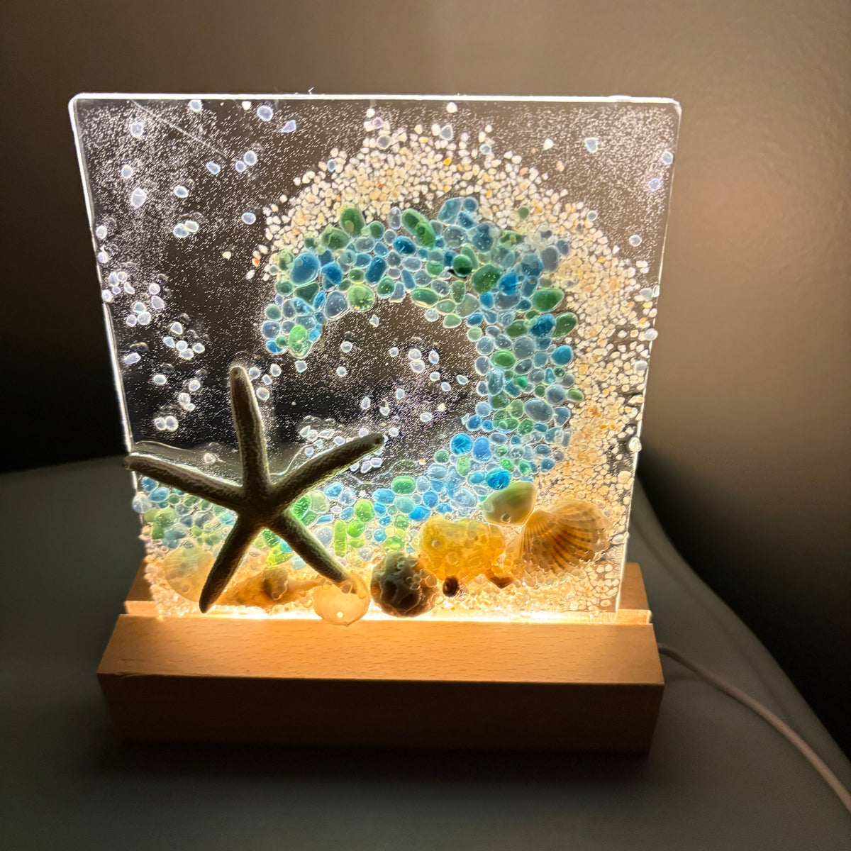 Acrylic Panels for LED Lights w/ Coastal Designs in Glass, Sand, Shells Resin