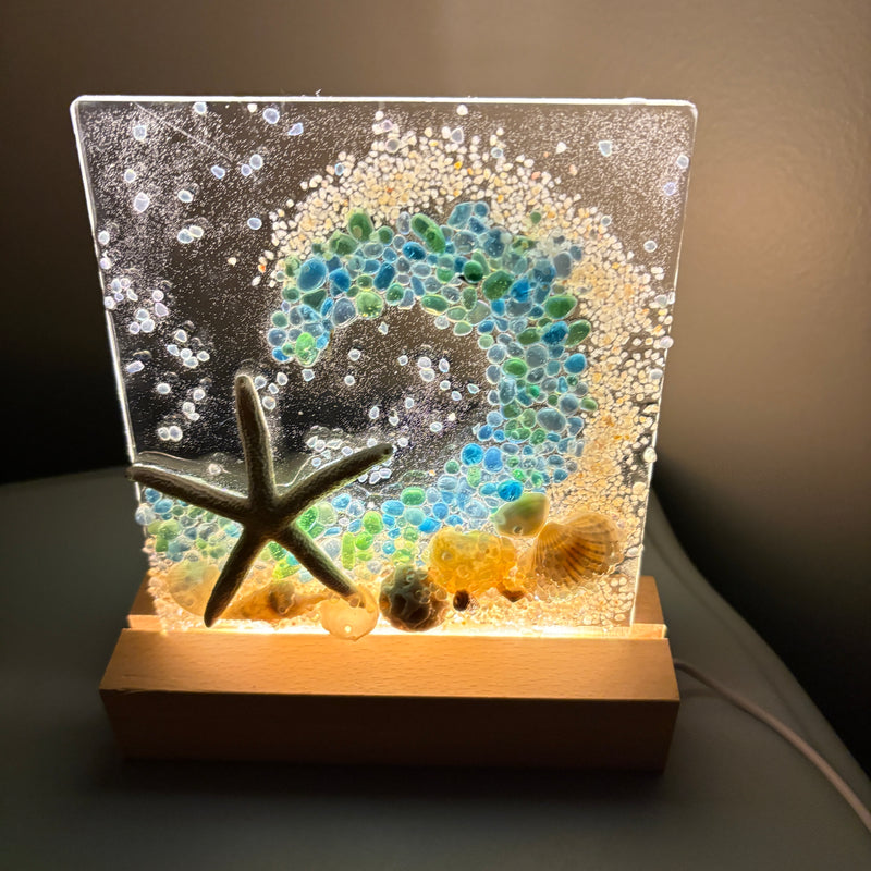 Acrylic Panels for LED Lights w/ Coastal Designs in Glass, Sand, Shells Resin