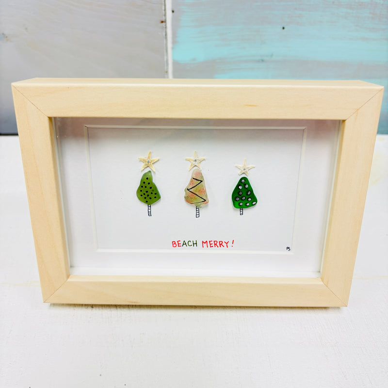 Assorted Christmas Trees Framed Seashell & Driftwood Art