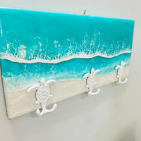 Coastal Teal Green Resin Wall Coat/Towel Hanger with Metal Turtle Hooks