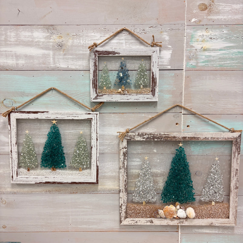 Assorted Trio of Trees Holiday Coastal Glass Art w/ Shells, Glass, Resin, Sand