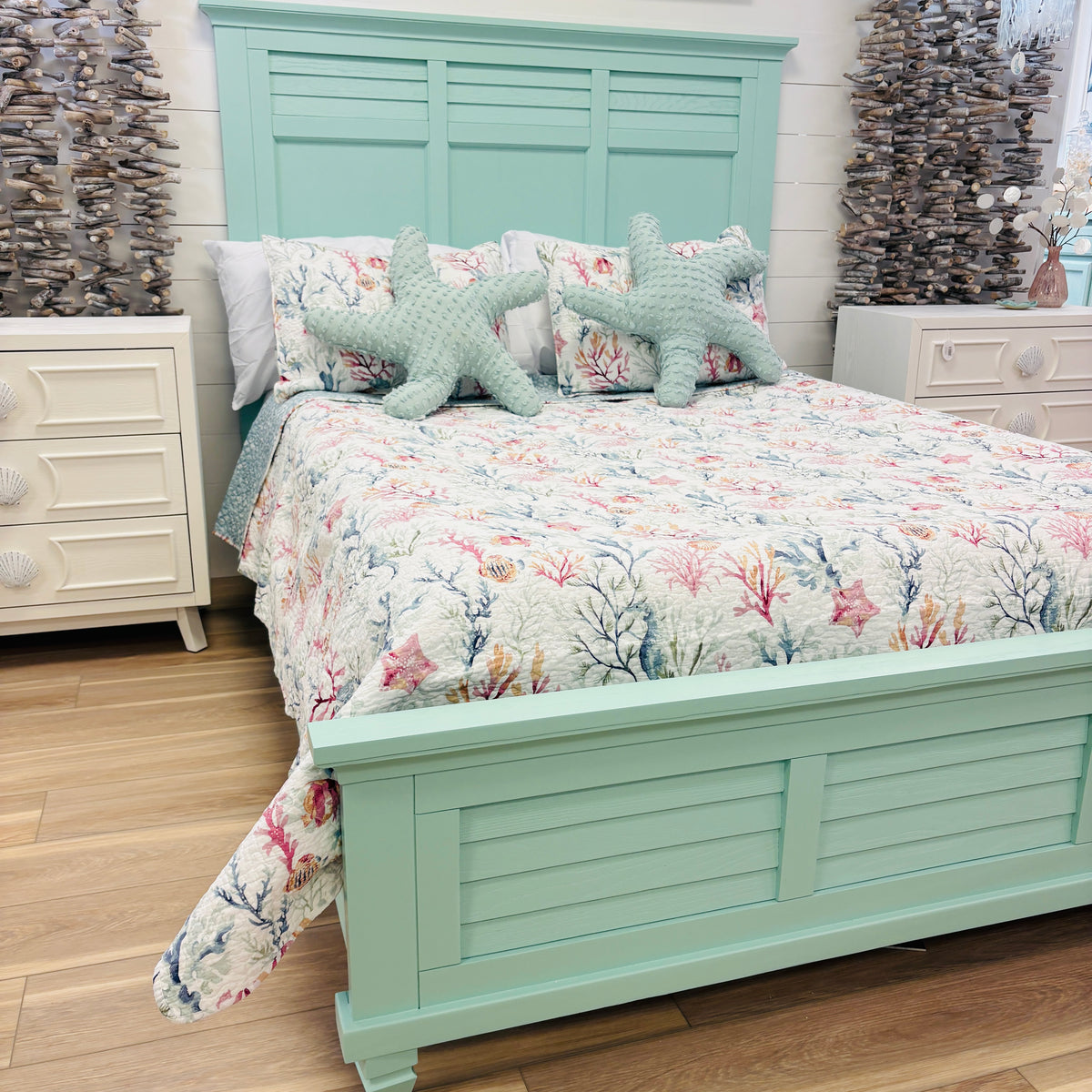 Coastal Sea Glass Headboard, Side rails, & Footboard- Queen