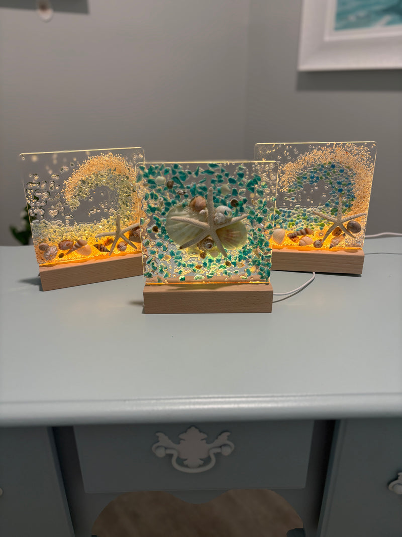 Acrylic LED Lights w/ Coastal Designs in Glass, Sand, Shells Resin