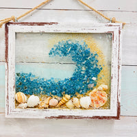 Coastal Glass Art w/ Shells, Glass, Resin, Sand- 8"x10"