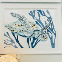 Right Facing Turtle w/Navy Coral Framed Print