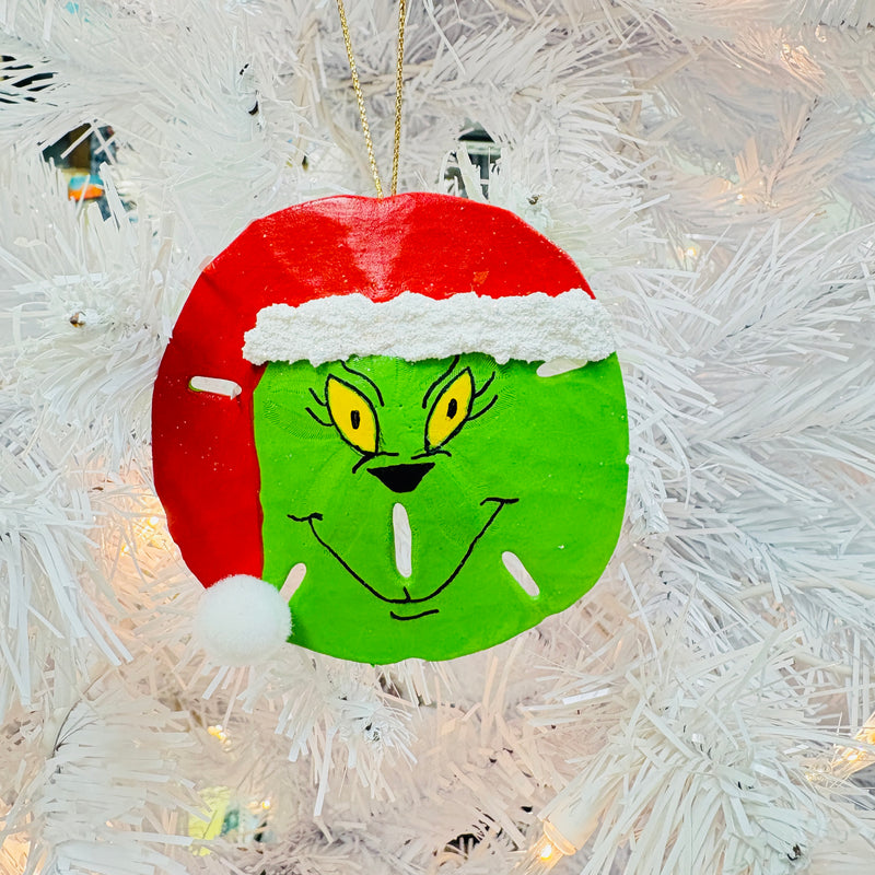 Hand Painted Sand Dollar Grinch Christmas Ornament