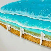 Coastal Teal Surfboard Resin Wall Coat/Towel Hanger with Metal Boat Cleat Hooks