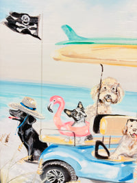 Dogs on the Beach w/ Golf Cart Framed Print