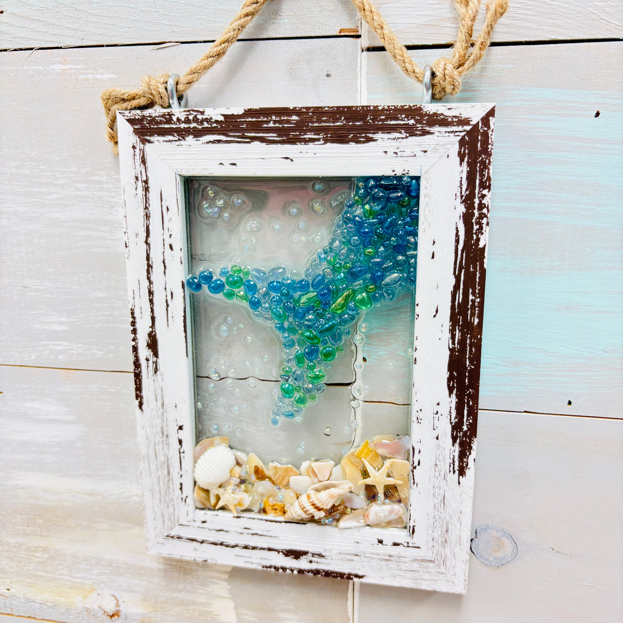 Coastal Glass Art w/ Shells, Glass, Resin, Sand- 4"x 6"