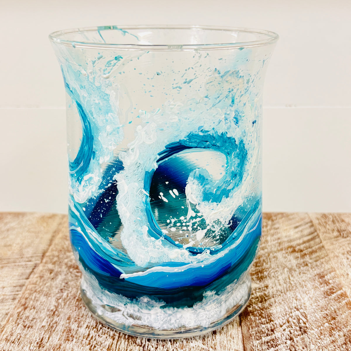 Hand Painted Cresting Waves Glass Hurricane/Vase