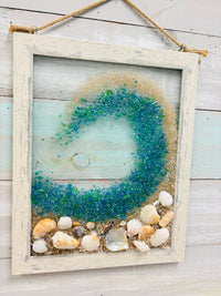 Coastal Glass Art w/ Shells, Glass, Resin, Sand- 11"x 14"
