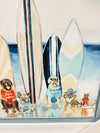Dogs on the Beach w/ Surfboards Framed Print