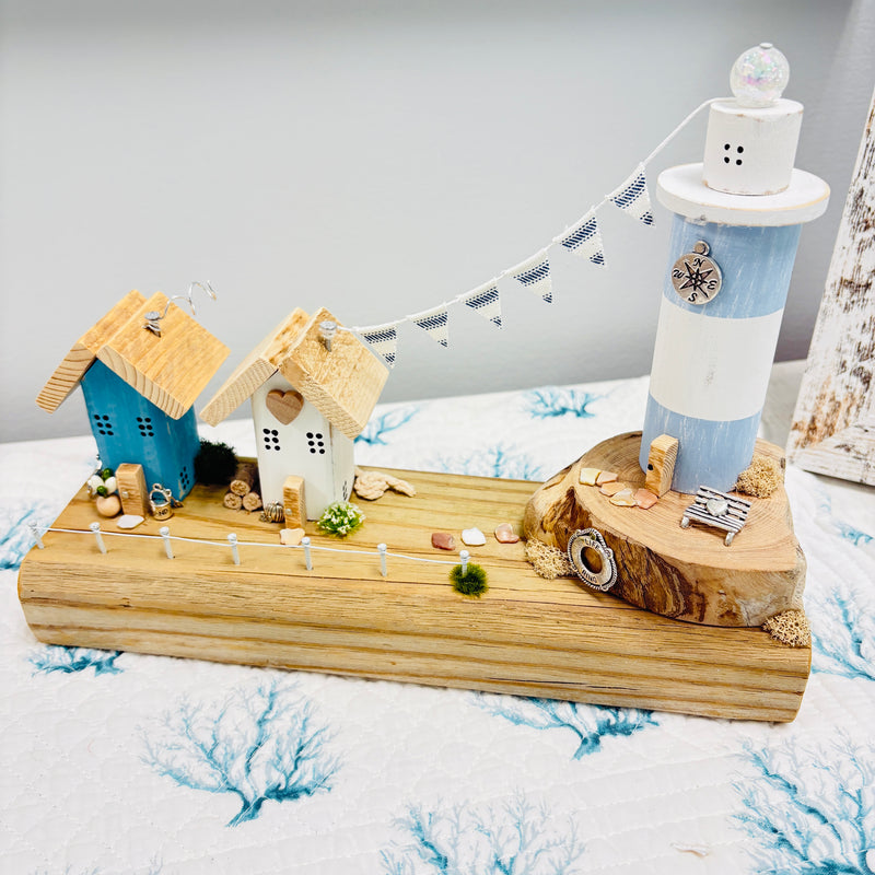 2 Cottage & Lighthouse Scene on Driftwood - Autumn