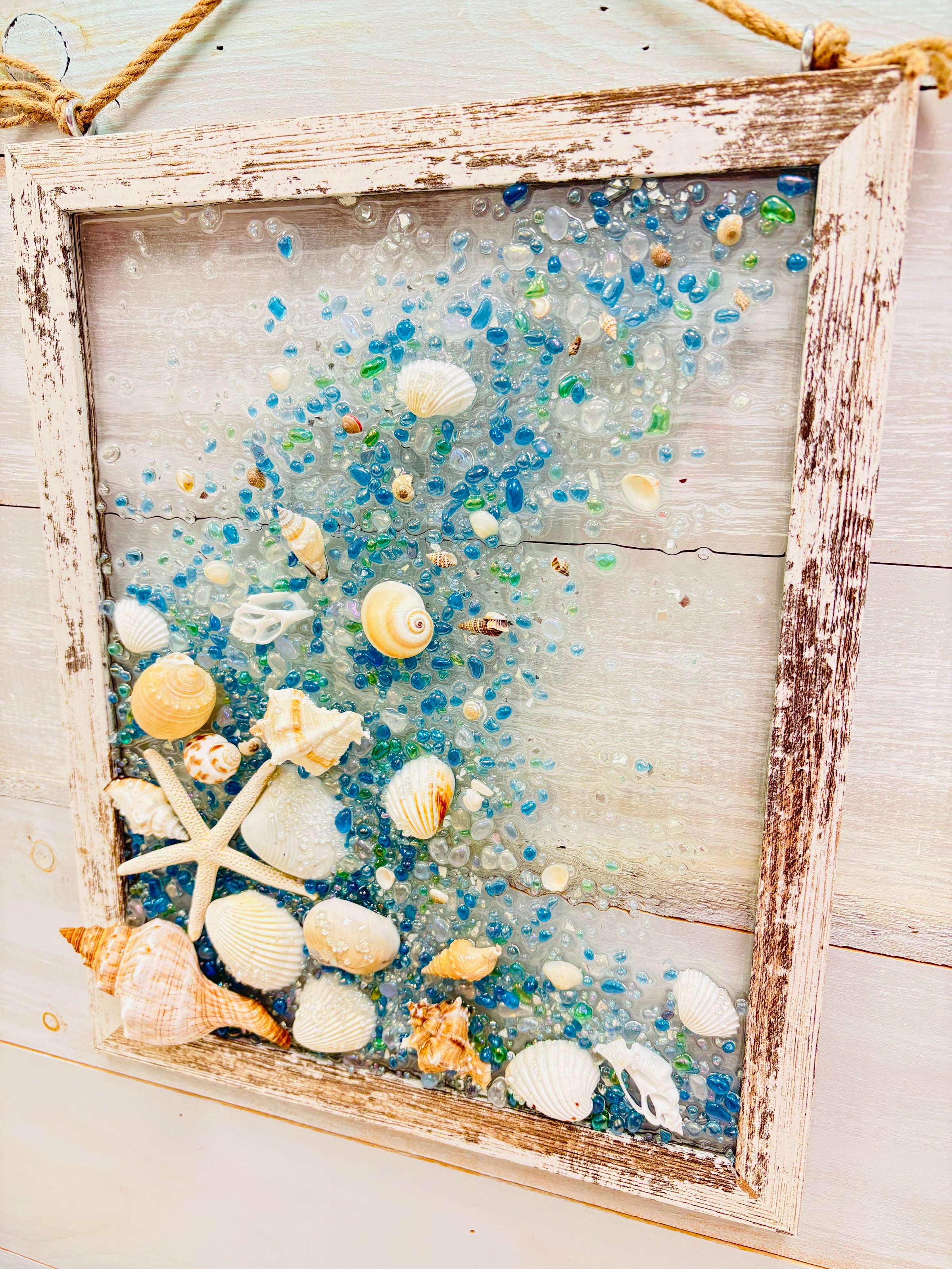 Coastal Glass Art w/ Shells, Glass, Resin, Sand- 11"x 14"