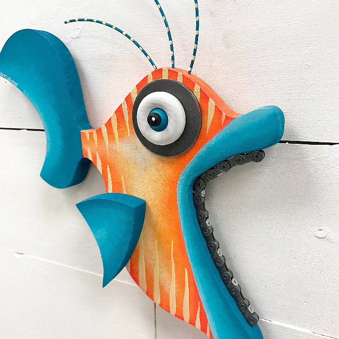 "Steve Suttlestripes” Funky Wooden Fish Sunshine & Sweet peas coastal decor