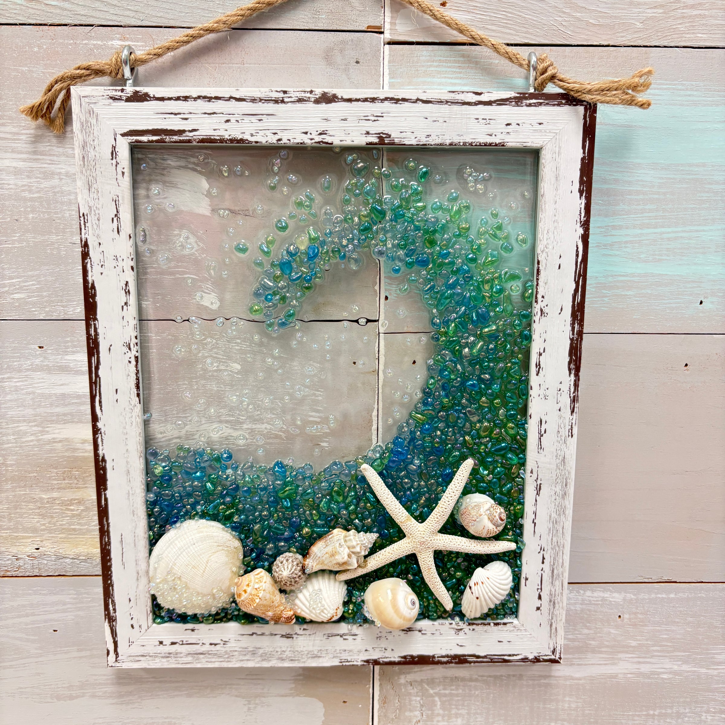 Coastal Glass Art w/ Shells, Glass, Resin, Sand- 8"x10"